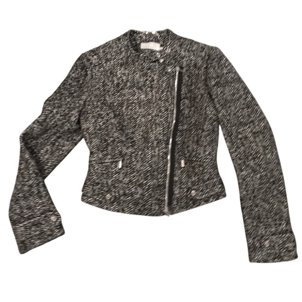 Karen Millen Moto Jacket Tweed Black and White Size‎ 4 Asymmetrical Zip